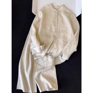 Cream Linen Button-Up Shirt and Pants Set